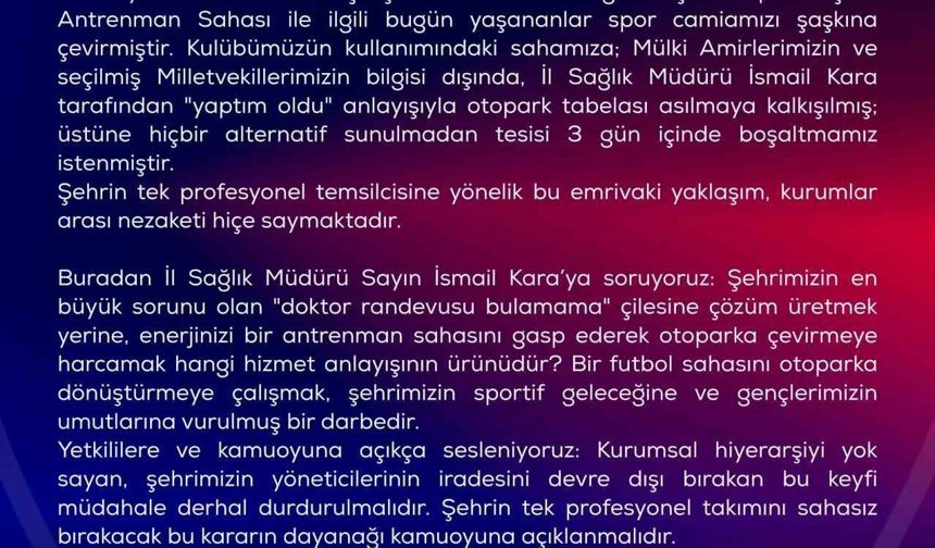 Karabük İdman Yurdu sahasında otopark tabelası krizi